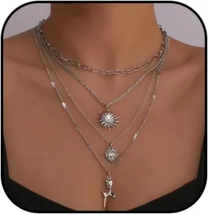 Layered Crystal Sun Necklace for Women Gold Sun Choker Necklace Vintage Sun Pandent Necklace Beach Jewelry