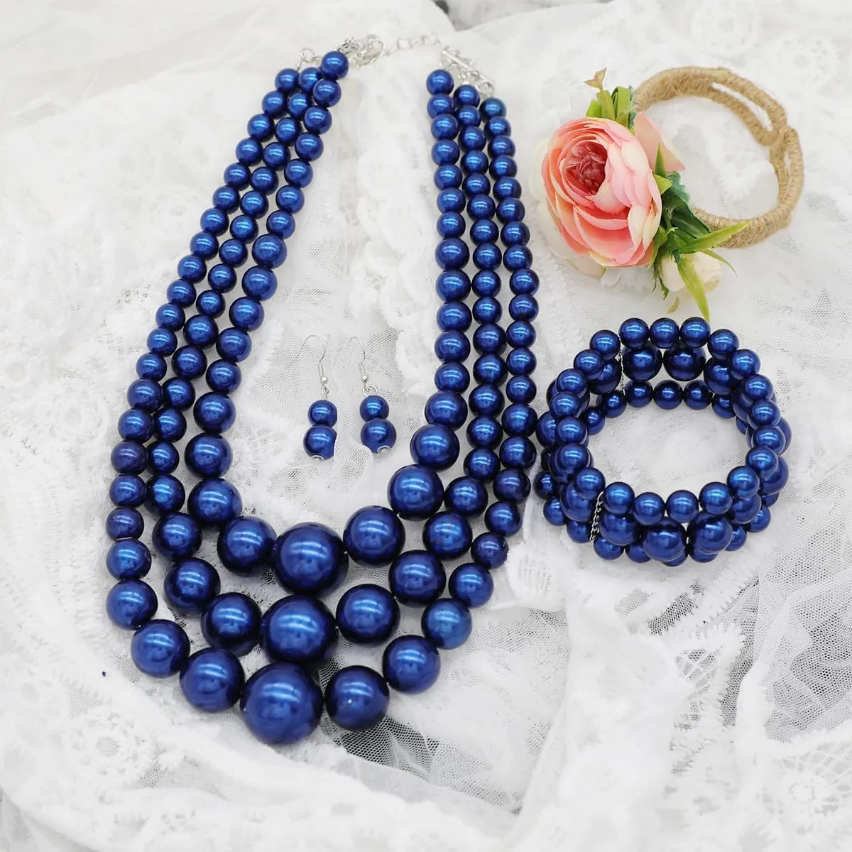 Layered Faux Pearl Necklace Set for Women Matching Earrings and Braclet with a Touch of Glamour Luxurious Shine Affordable Price-Perfect for any Occassion