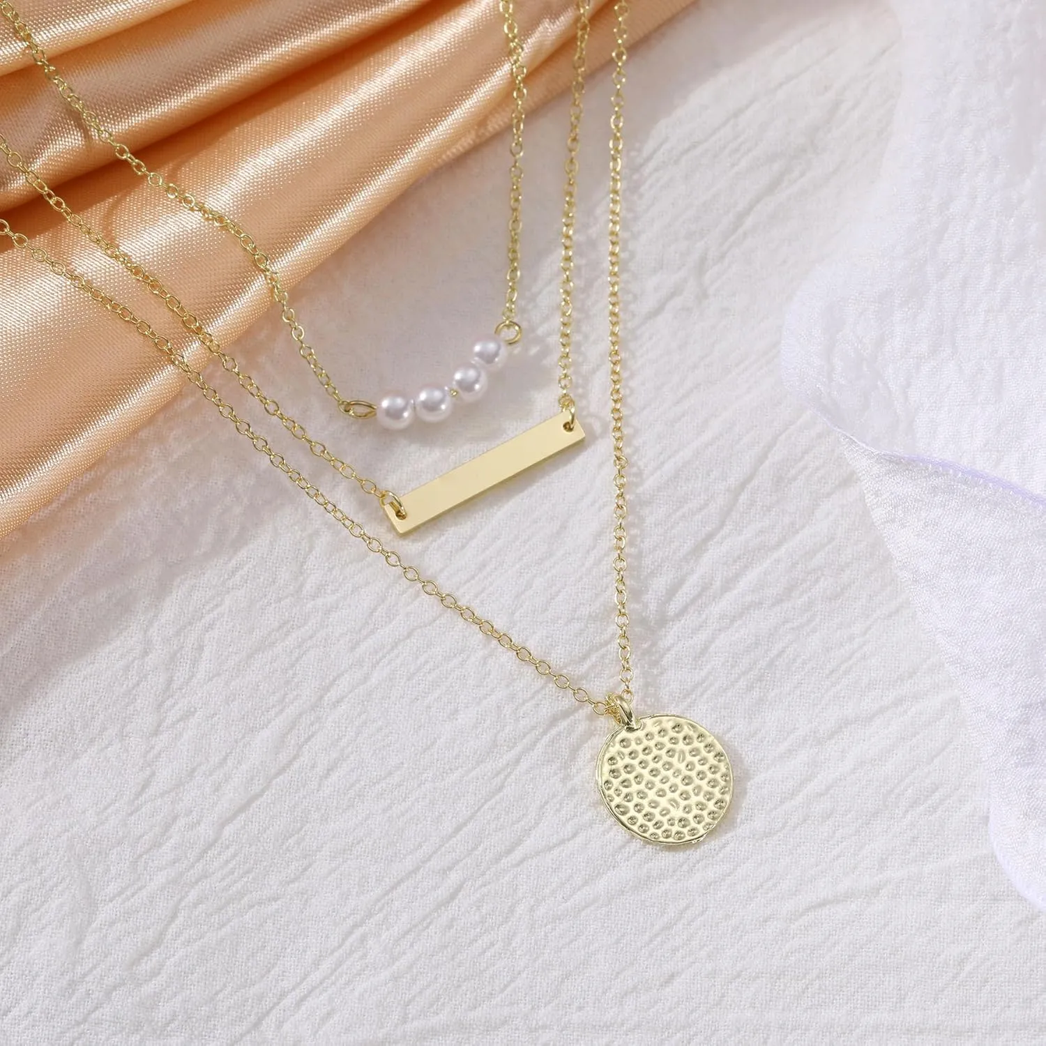 Layered Gold Necklaces for Women Dainty 14K Gold Pendant Pearl Choker Necklace with Full Moon Trendy Jewelry for Women