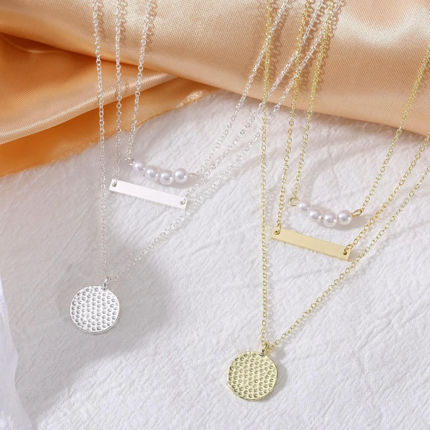 Layered Gold Necklaces for Women Dainty 14K Gold Pendant Pearl Choker Necklace with Full Moon Trendy Jewelry for Women