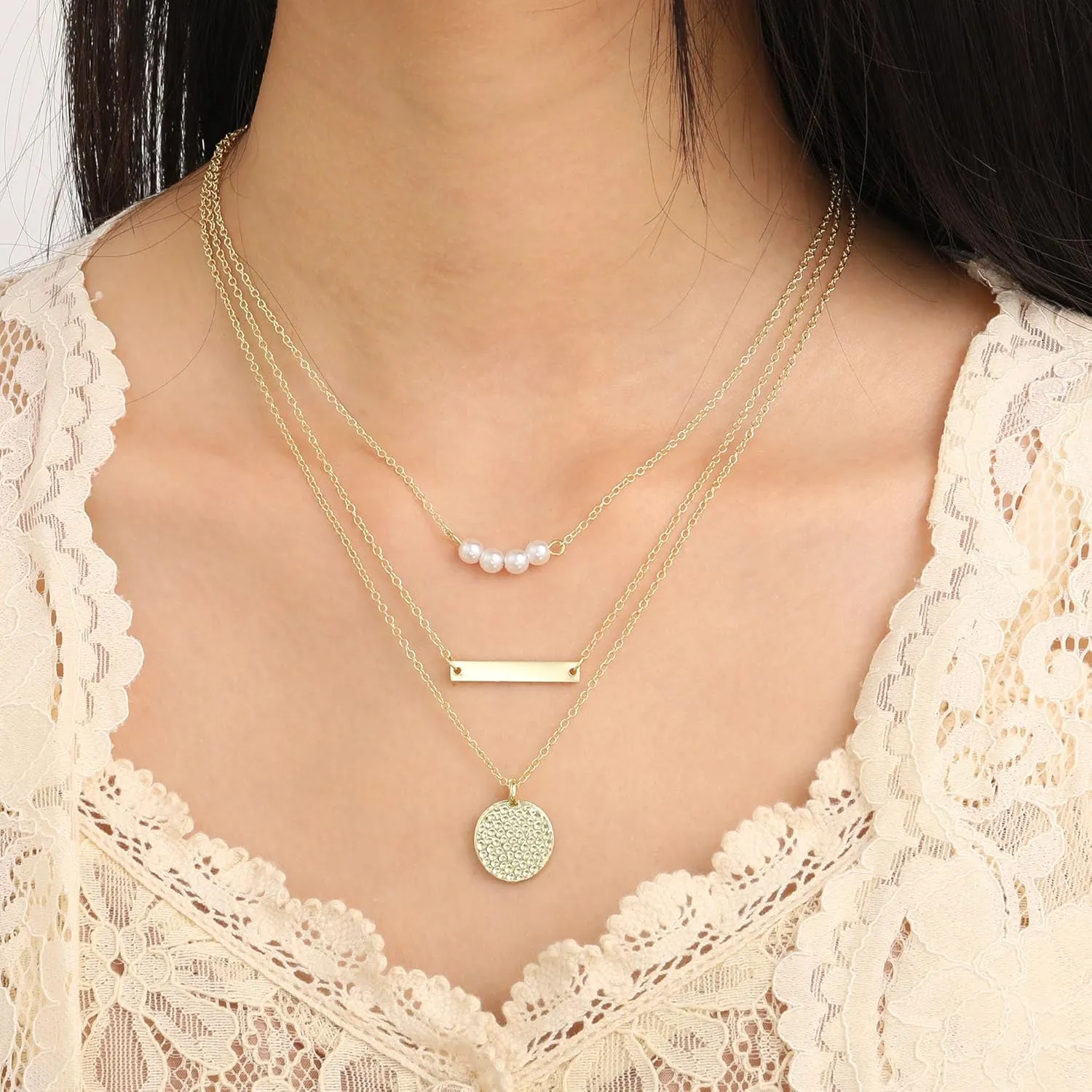 Layered Gold Necklaces for Women Dainty 14K Gold Pendant Pearl Choker Necklace with Full Moon Trendy Jewelry for Women