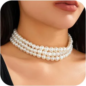 Layered Pearl Beaded Choker Necklaces for Women Fashion White Faux Fake Pearls Large Statement Necklace Trendy Prom Costume Jewelry Geometric Accessories