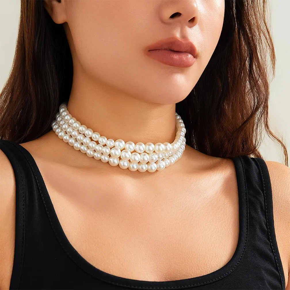 Layered Pearl Beaded Choker Necklaces for Women Fashion White Faux Fake Pearls Large Statement Necklace Trendy Prom Costume Jewelry Geometric Accessories