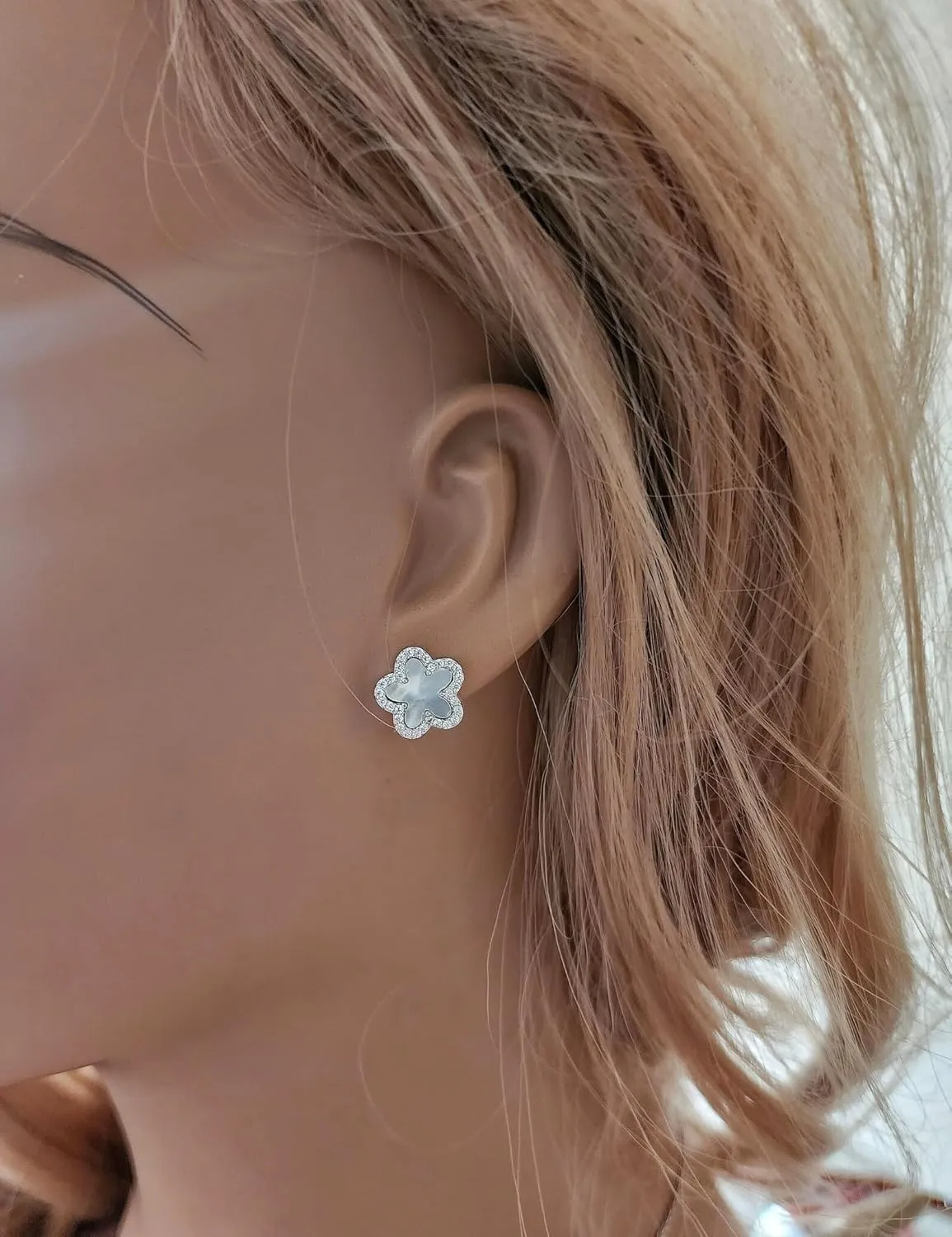 Leaf Clover Stud Earrings 925 Sterling Silver/Mother of Pearls Cubic Zirconia/Solid Silver/Gold Plated/Gift for Her (White Sterling Silver)