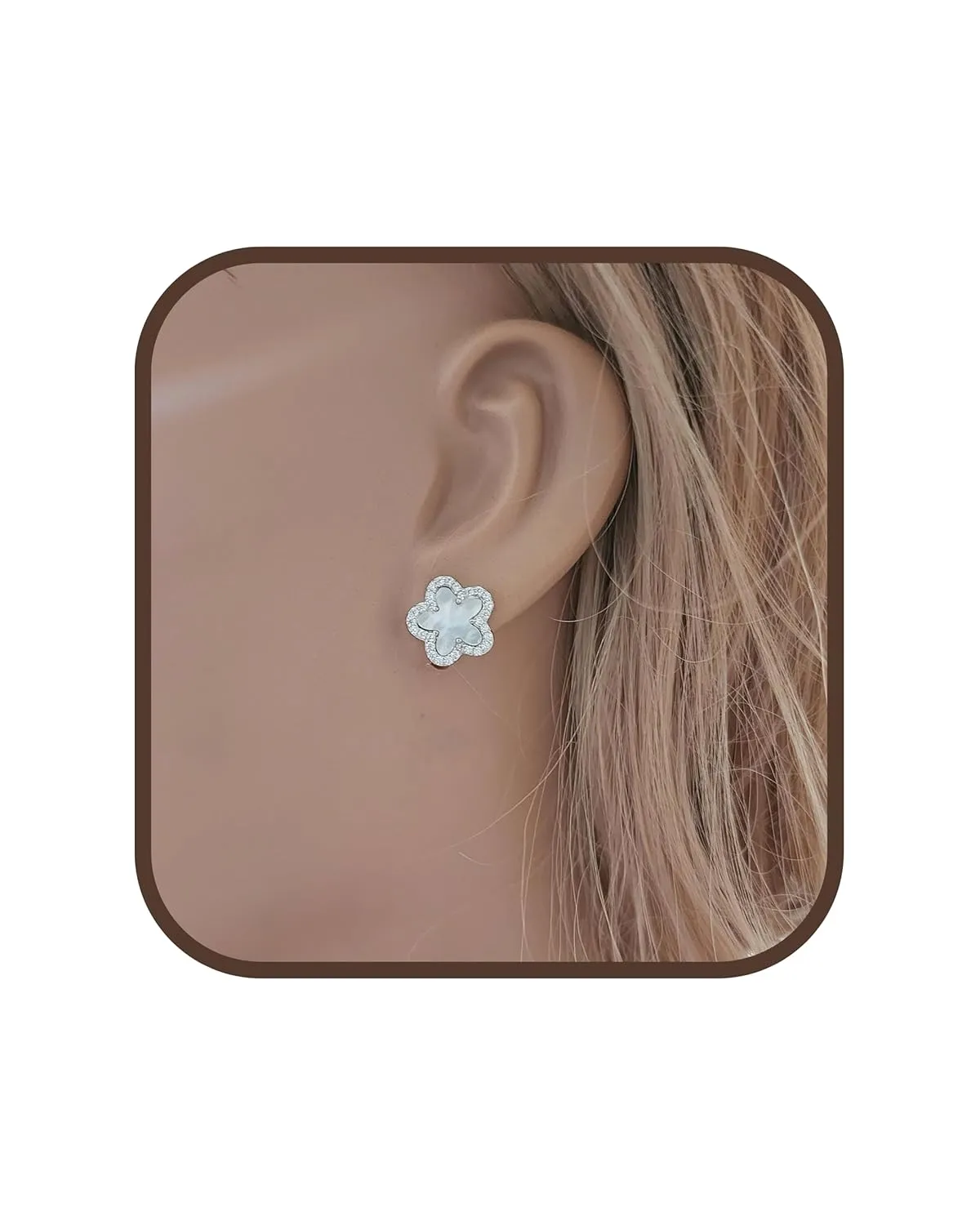 Leaf Clover Stud Earrings 925 Sterling Silver/Mother of Pearls Cubic Zirconia/Solid Silver/Gold Plated/Gift for Her (White Sterling Silver)