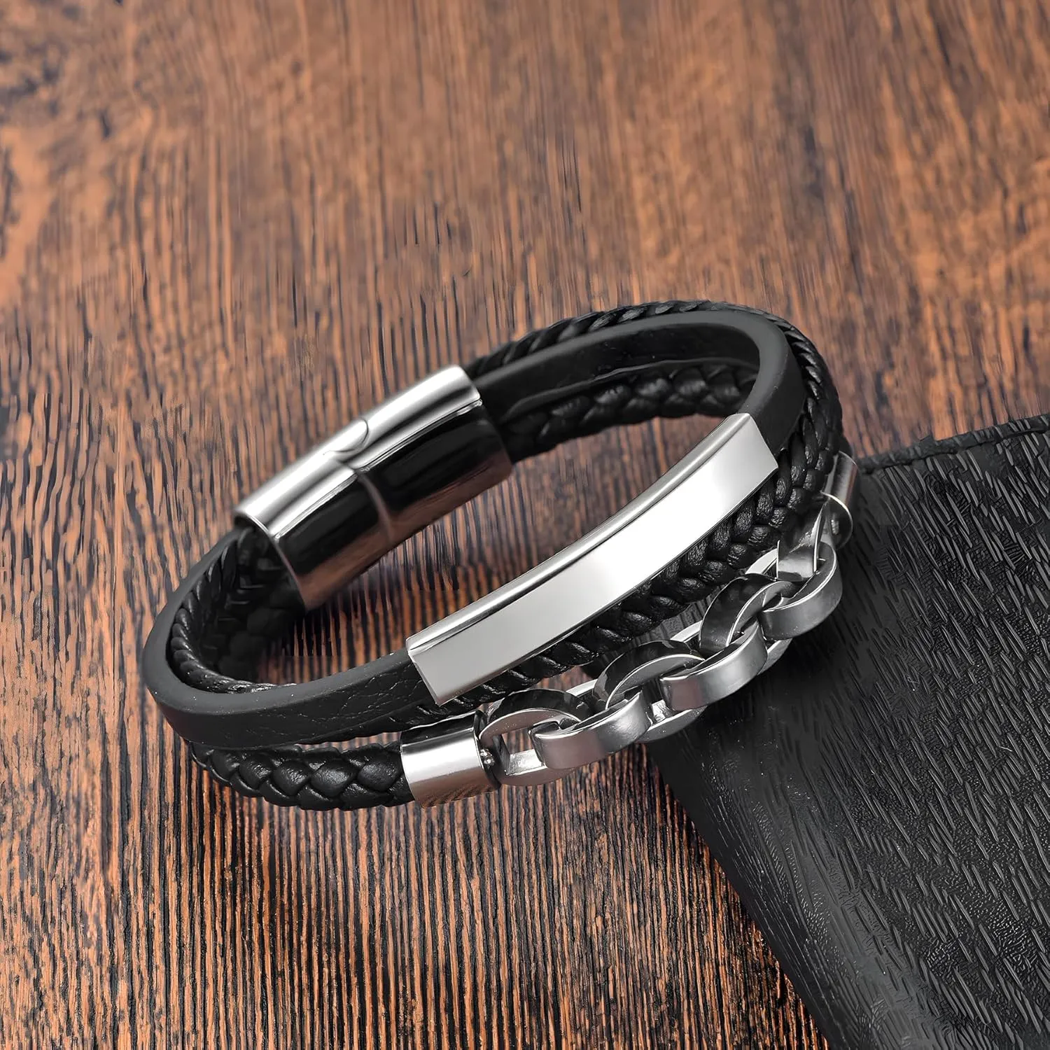 Leather Bracelet for Men, Multi-Layer Braided Men's Cuff Bracelets with Stainless Steel Chain Anniversary Father's Day Birthday Christmas Jewelry Gifts for Him