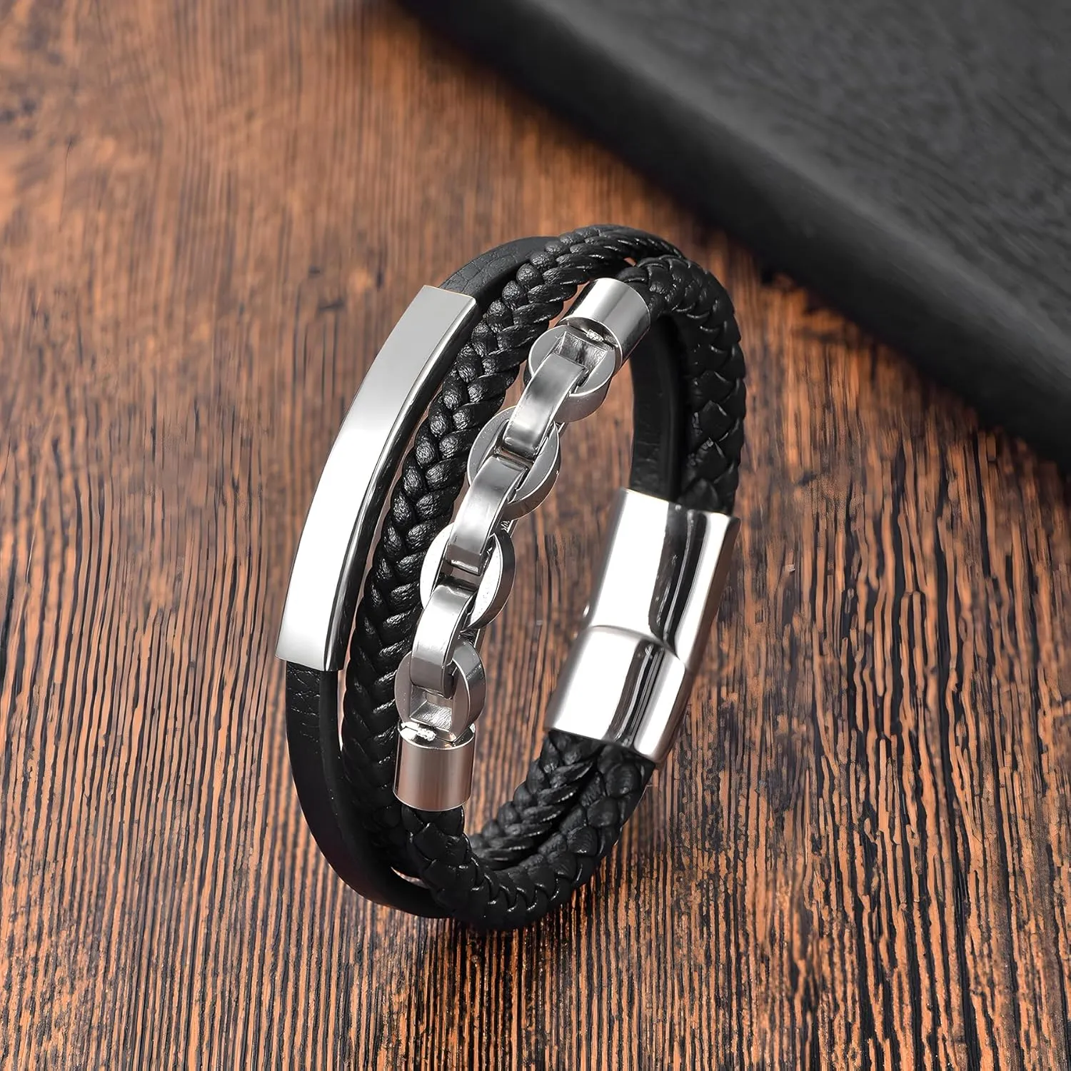 Leather Bracelet for Men, Multi-Layer Braided Men's Cuff Bracelets with Stainless Steel Chain Anniversary Father's Day Birthday Christmas Jewelry Gifts for Him