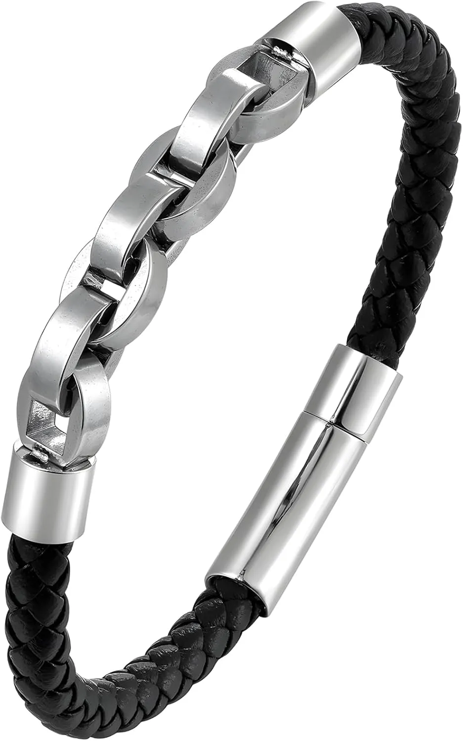 Leather Bracelet for Men, Multi-Layer Braided Men's Cuff Bracelets with Stainless Steel Chain Anniversary Father's Day Birthday Christmas Jewelry Gifts for Him