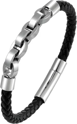 Leather Bracelet for Men, Multi-Layer Braided Men's Cuff Bracelets with Stainless Steel Chain Anniversary Father's Day Birthday Christmas Jewelry Gifts for Him