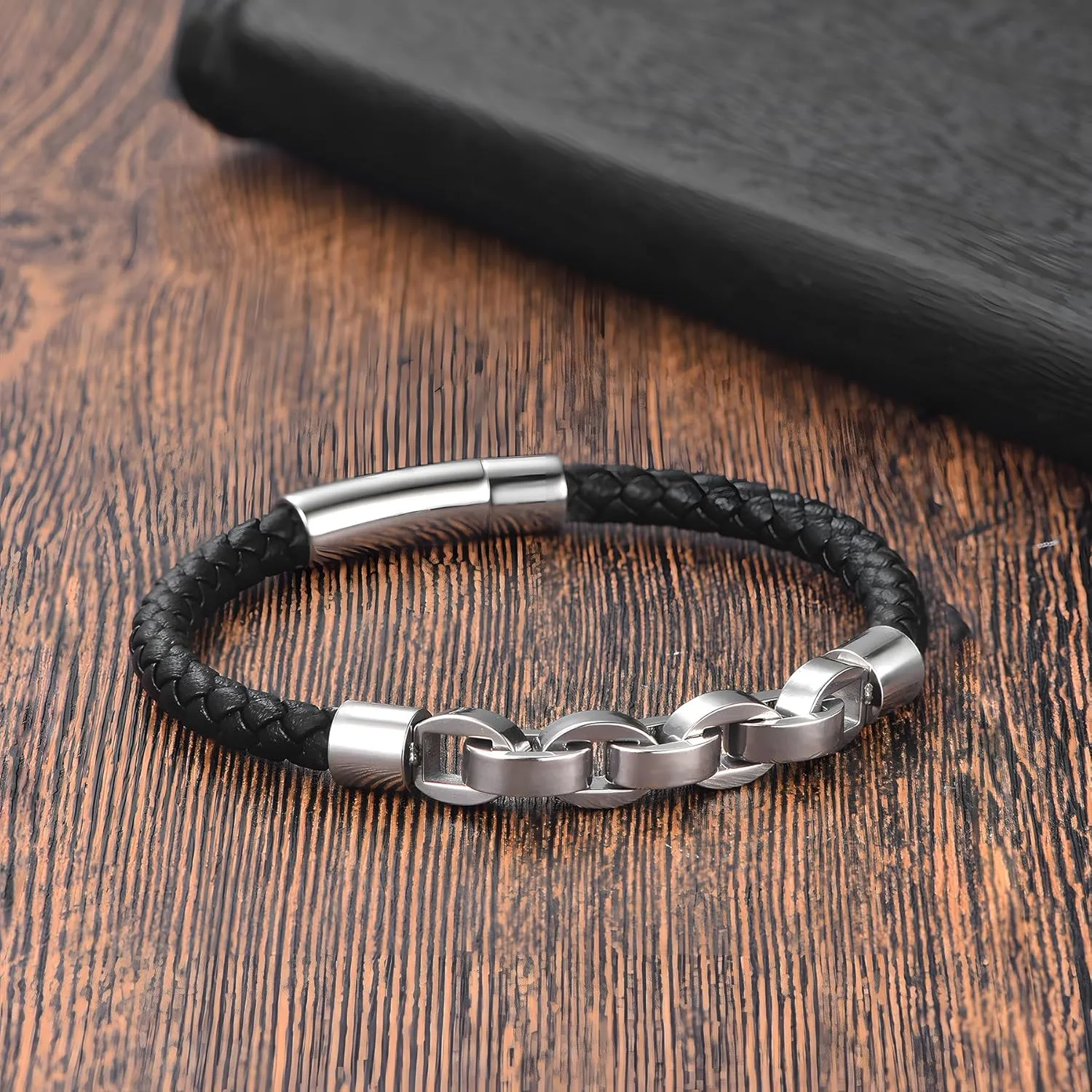 Leather Bracelet for Men, Multi-Layer Braided Men's Cuff Bracelets with Stainless Steel Chain Anniversary Father's Day Birthday Christmas Jewelry Gifts for Him