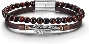 Leather Bracelets for Men Mens Beaded Bracelets Double Layered Tiger Eye Lava Rock Stone Leather Mens Bracelet Braided Leather Rope and Beaded Stone Bracelet