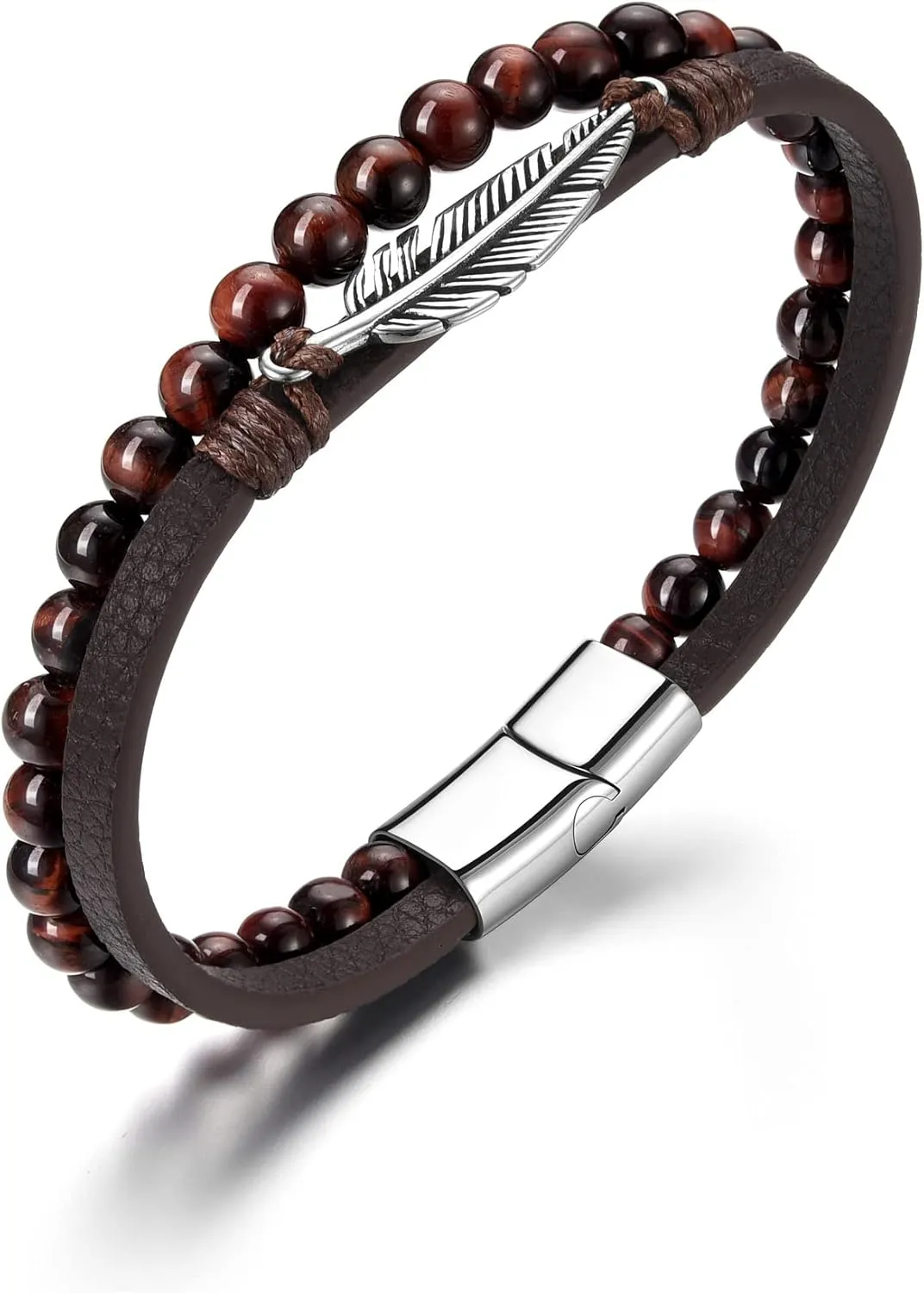 Leather Bracelets for Men Mens Beaded Bracelets Double Layered Tiger Eye Lava Rock Stone Leather Mens Bracelet Braided Leather Rope and Beaded Stone Bracelet
