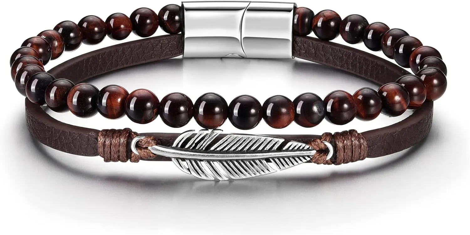 Leather Bracelets for Men Mens Beaded Bracelets Double Layered Tiger Eye Lava Rock Stone Leather Mens Bracelet Braided Leather Rope and Beaded Stone Bracelet