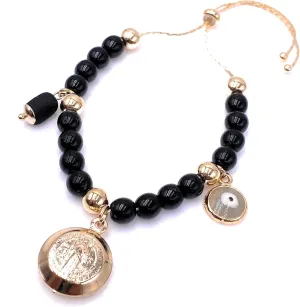 LESLIE BOULES Saint Benedict Medal Black Beads Bracelet Genuine Azabache and Evil Eye Pendants