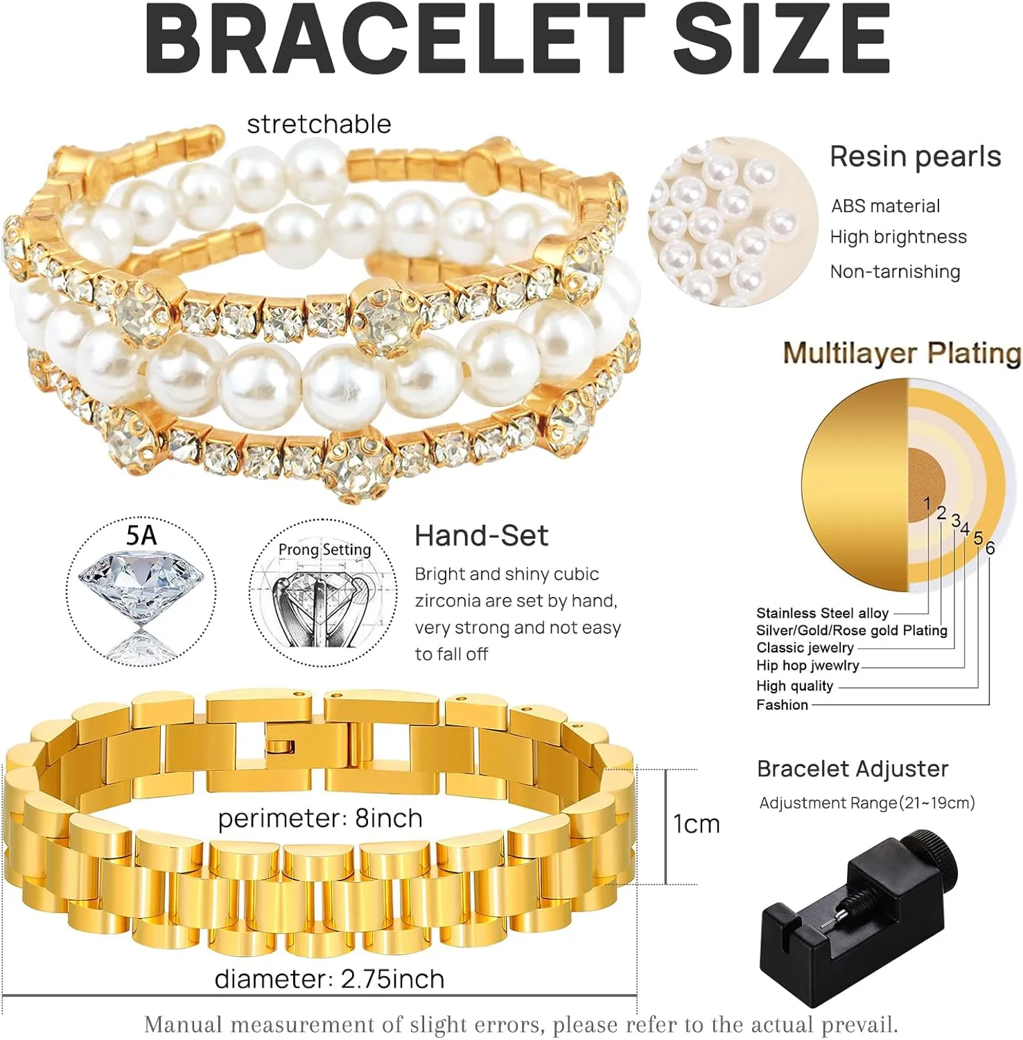Link Bracelet Adjustable Watch Band Chain Cubic Zirconia Diamond Bangle Bracelets Jewelry