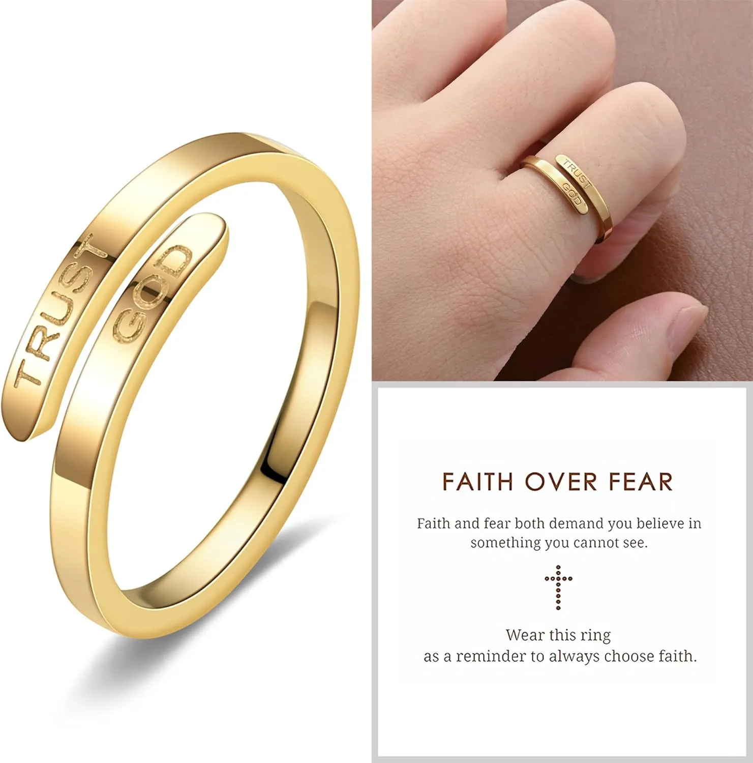 LIU JUN Trust God Ring For Women, Inspirational Ring Engraved TRUST GOD Fashion Stainless Steel Adjustable Religious Faith Rings for Women Men Jewelry Gifts