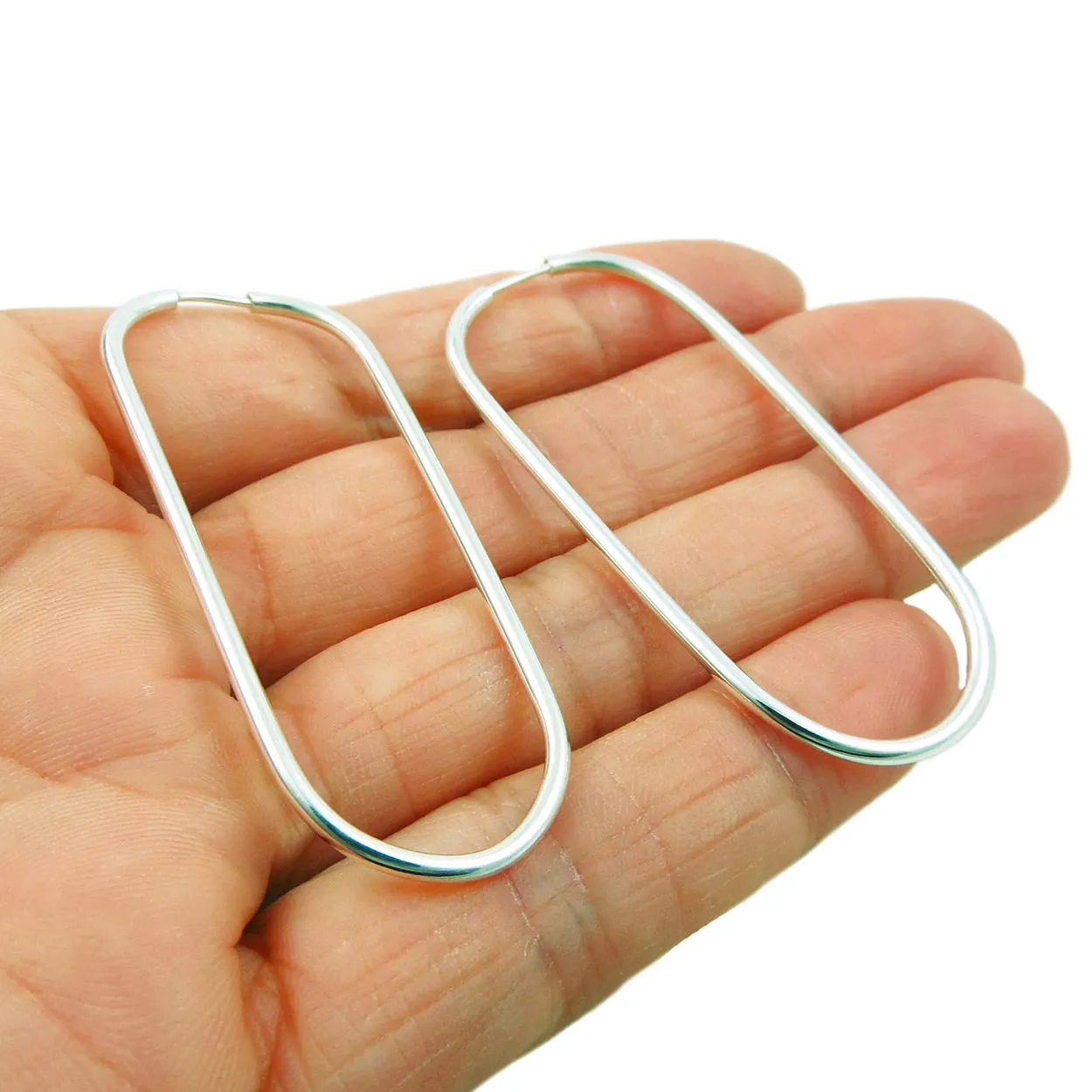 Long 925 Silver Oval Tube Hoop Earrings