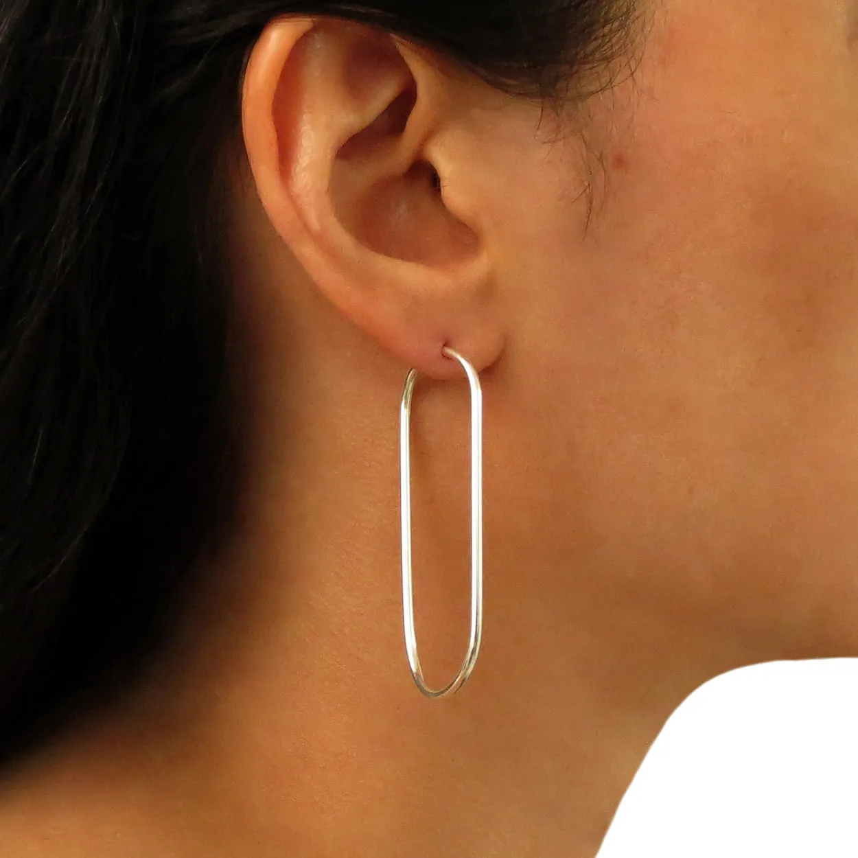 Long 925 Silver Oval Tube Hoop Earrings
