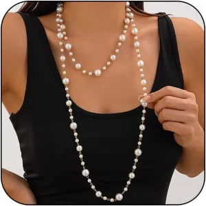 Long Pearl Layered Necklaces for Women Fashion Large Faux Pearls Bead Choker Stack Statement Necklace Vintage String Sweater Jewelry Big Accessories