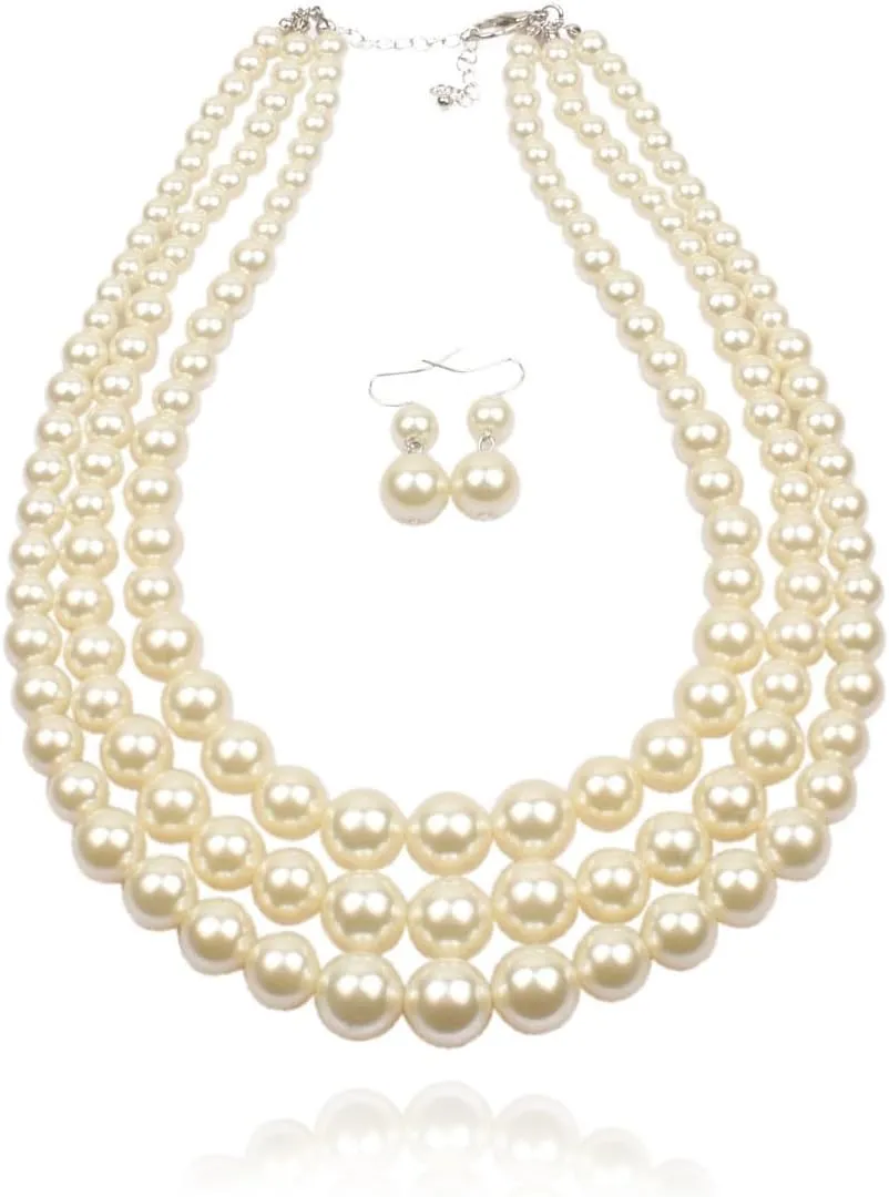 Long tiantian Pearl Choker Necklace Chunky Pearl Statement Necklace Bracelets Earrings for Women Trendy Red/White/Pink Mrs Roper Jewelry Set for Women Bridal Accessories