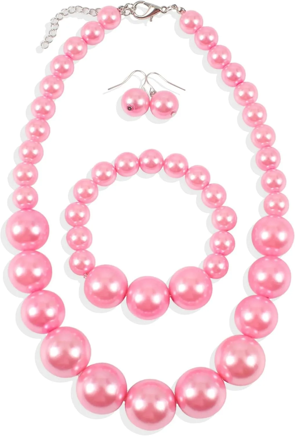Long tiantian Pearl Choker Necklace Chunky Pearl Statement Necklace Bracelets Earrings for Women Trendy Red/White/Pink Mrs Roper Jewelry Set for Women Bridal Accessories