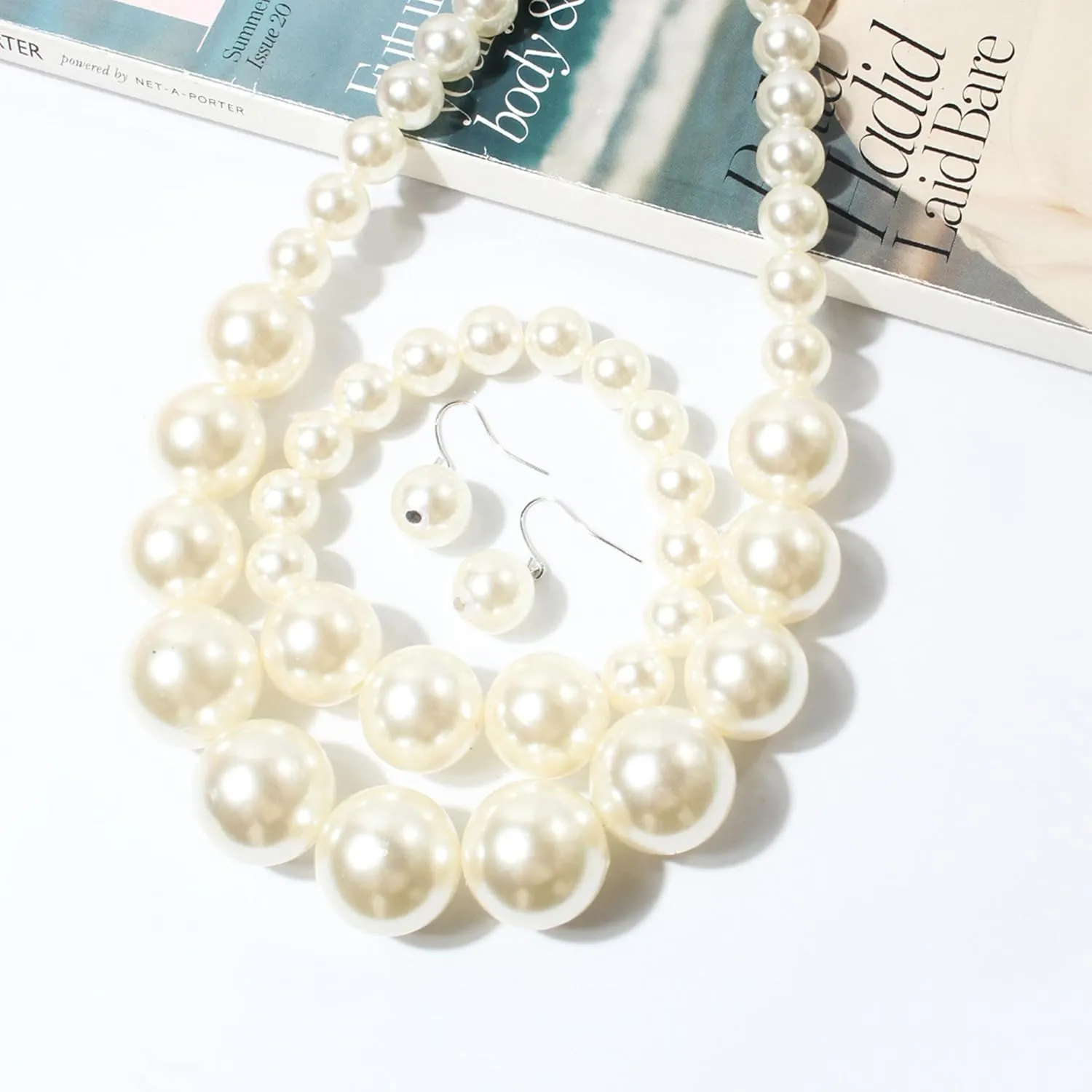 Long tiantian Pearl Choker Necklace Chunky Pearl Statement Necklace Bracelets Earrings for Women Trendy Red/White/Pink Mrs Roper Jewelry Set for Women Bridal Accessories