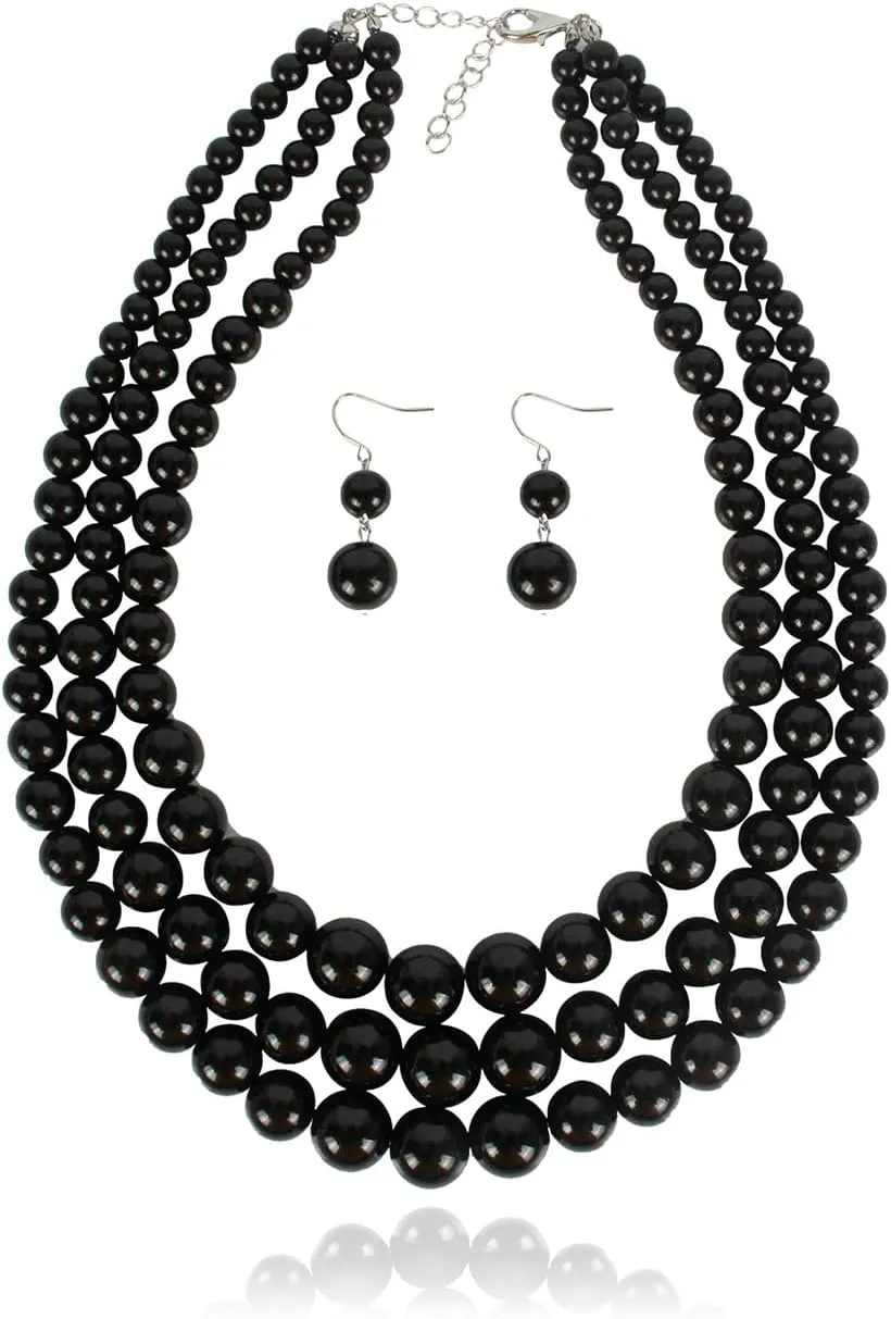 Long tiantian Pearl Choker Necklace Chunky Pearl Statement Necklace Bracelets Earrings for Women Trendy Red/White/Pink Mrs Roper Jewelry Set for Women Bridal Accessories