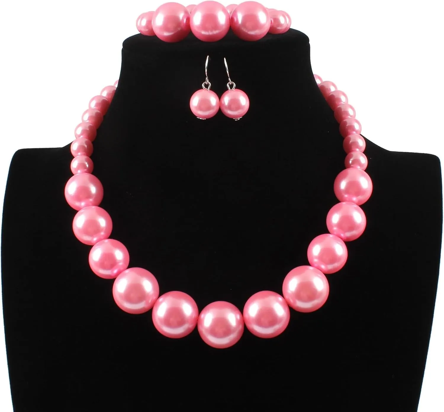 Long tiantian Pearl Choker Necklace Chunky Pearl Statement Necklace Bracelets Earrings for Women Trendy Red/White/Pink Mrs Roper Jewelry Set for Women Bridal Accessories