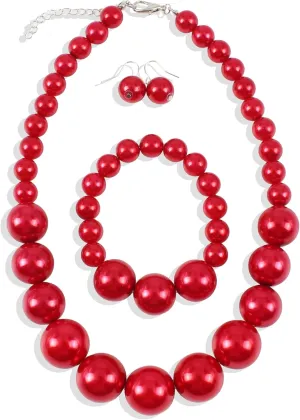 Long tiantian Pearl Choker Necklace Chunky Pearl Statement Necklace Bracelets Earrings for Women Trendy Red/White/Pink Mrs Roper Jewelry Set for Women Bridal Accessories
