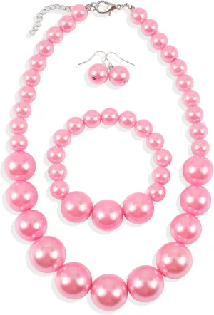 Long tiantian Pearl Choker Necklace Chunky Pearl Statement Necklace Bracelets Earrings for Women Trendy Red/White/Pink Mrs Roper Jewelry Set for Women Bridal Accessories
