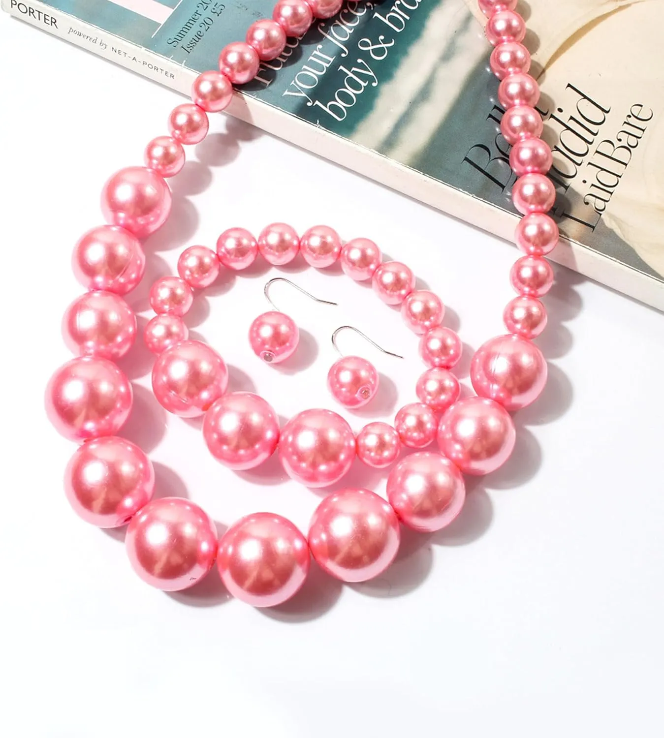 Long tiantian Pearl Choker Necklace Chunky Pearl Statement Necklace Bracelets Earrings for Women Trendy Red/White/Pink Mrs Roper Jewelry Set for Women Bridal Accessories