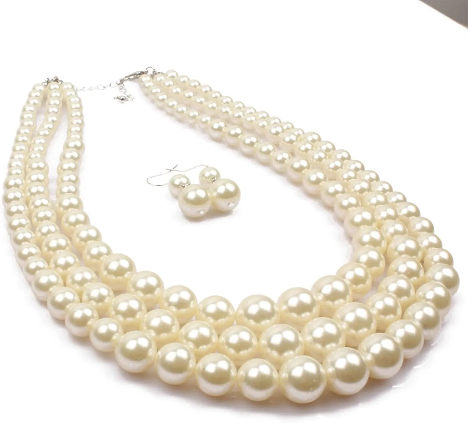 Long tiantian Pearl Choker Necklace Chunky Pearl Statement Necklace Bracelets Earrings for Women Trendy Red/White/Pink Mrs Roper Jewelry Set for Women Bridal Accessories