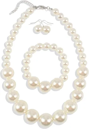 Long tiantian Pearl Choker Necklace Chunky Pearl Statement Necklace Bracelets Earrings for Women Trendy Red/White/Pink Mrs Roper Jewelry Set for Women Bridal Accessories