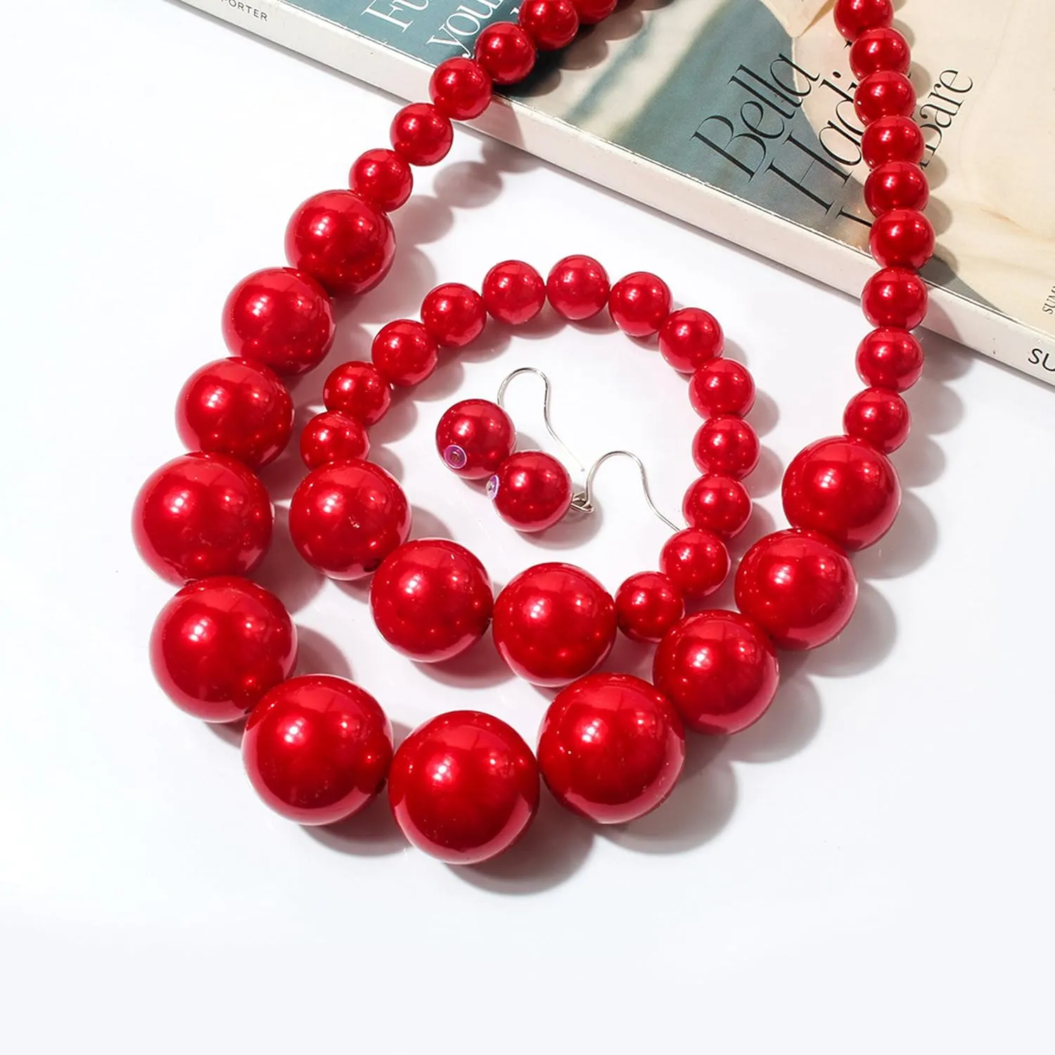 Long tiantian Pearl Choker Necklace Chunky Pearl Statement Necklace Bracelets Earrings for Women Trendy Red/White/Pink Mrs Roper Jewelry Set for Women Bridal Accessories