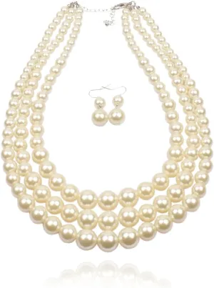 Long tiantian Pearl Choker Necklace Chunky Pearl Statement Necklace Bracelets Earrings for Women Trendy Red/White/Pink Mrs Roper Jewelry Set for Women Bridal Accessories