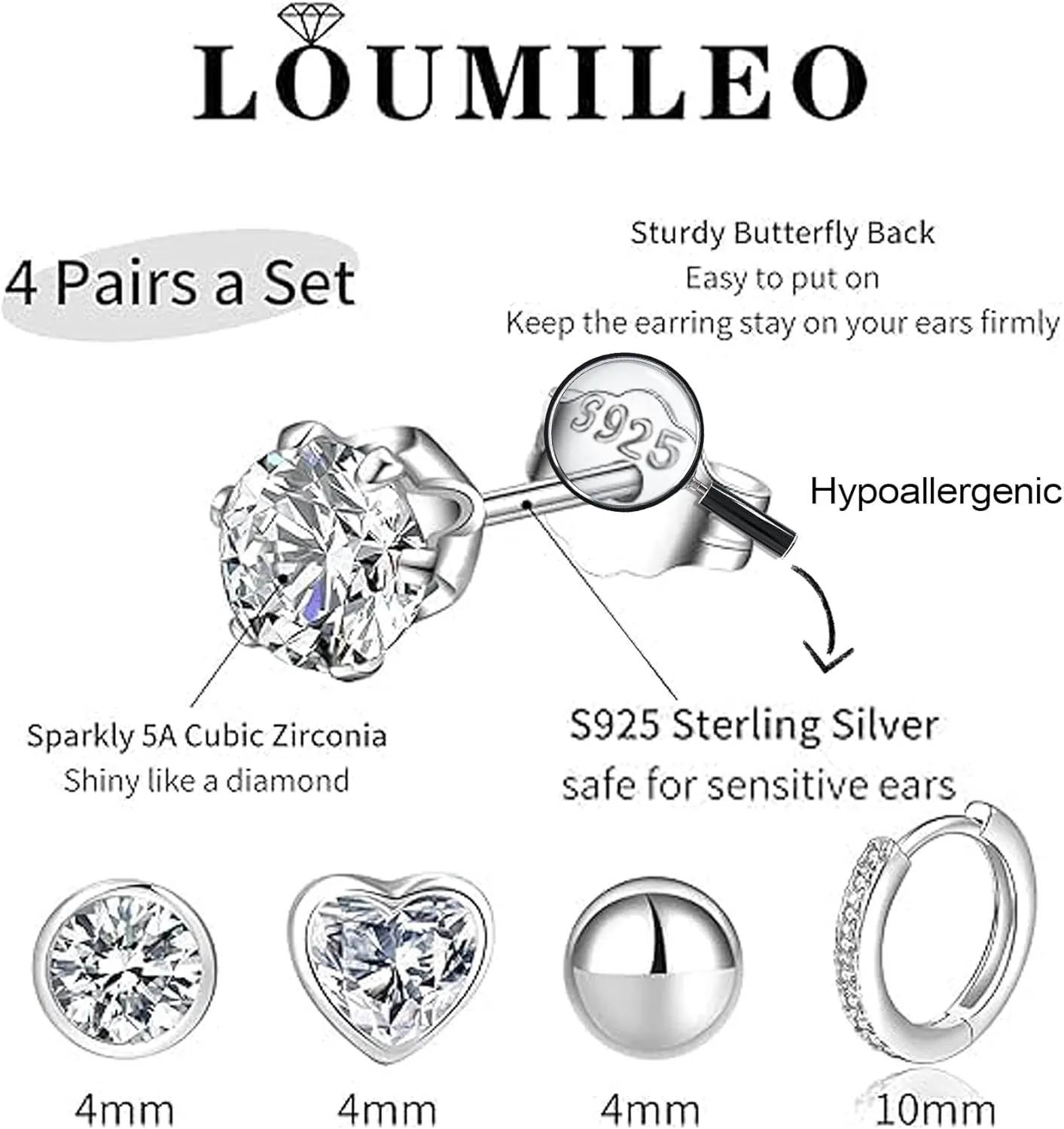 LOUMILEO 4Pairs Sterling Silver Hoop Earrings Hypoallergenic 925 Silver Hoops Earrings for Women Small Sterling Silver Stud Earrings Cartilage Silver Studs Earrings Set for Women Gift