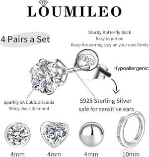 LOUMILEO 4Pairs Sterling Silver Hoop Earrings Hypoallergenic 925 Silver Hoops Earrings for Women Small Sterling Silver Stud Earrings Cartilage Silver Studs Earrings Set for Women Gift