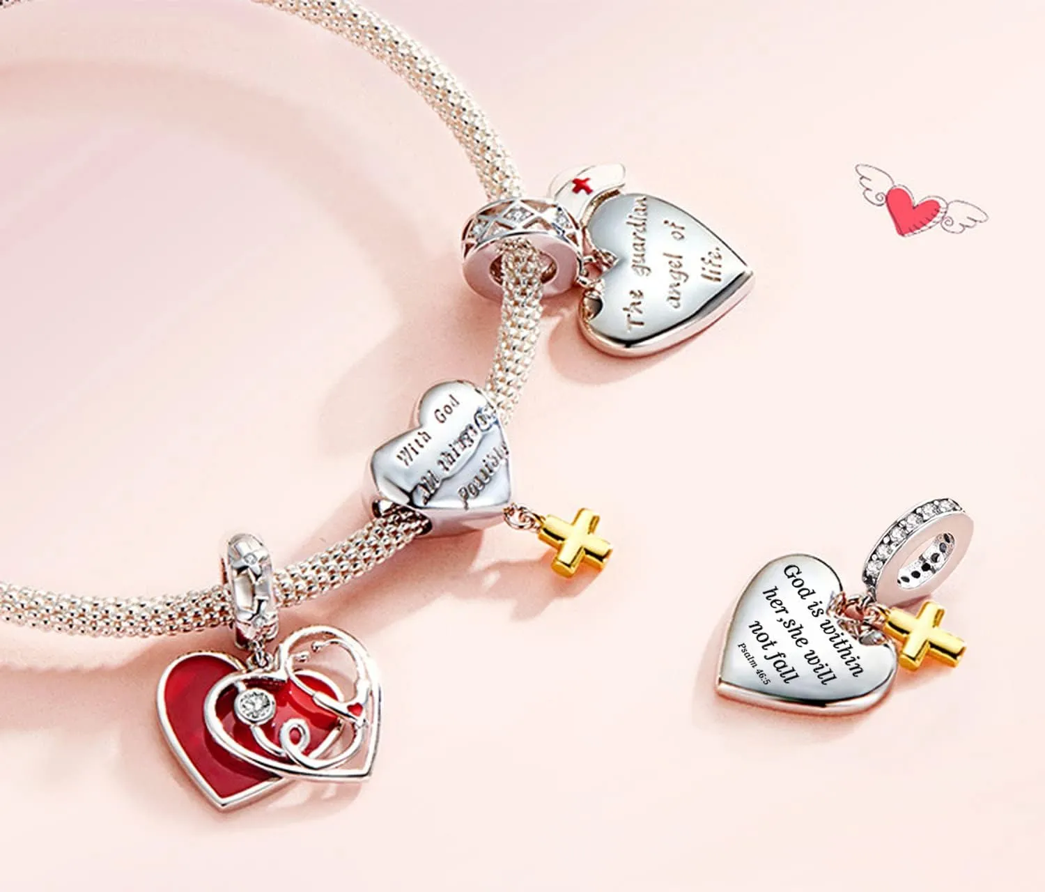 Love Heart Charm Fit for Charms Bracelet Christian Bible Verse Cross Charm Prayer Faith Religious Jewelry Gifts for Women