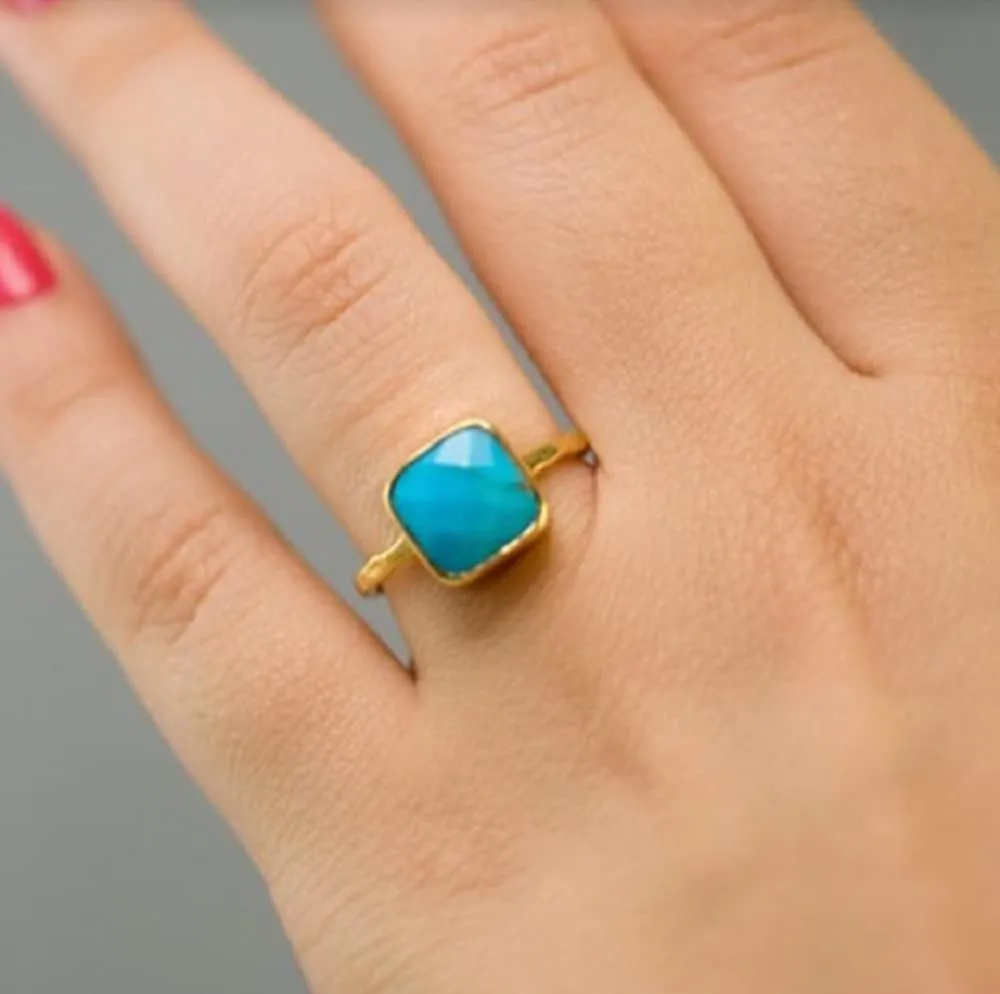 LRGKMCWTOB 925 Sterling Silver Bohemia Chic Square Turquoise Ring Fashion Rings Stackable Ring Natural Turquoise Jewelry Birthday (Size 9)