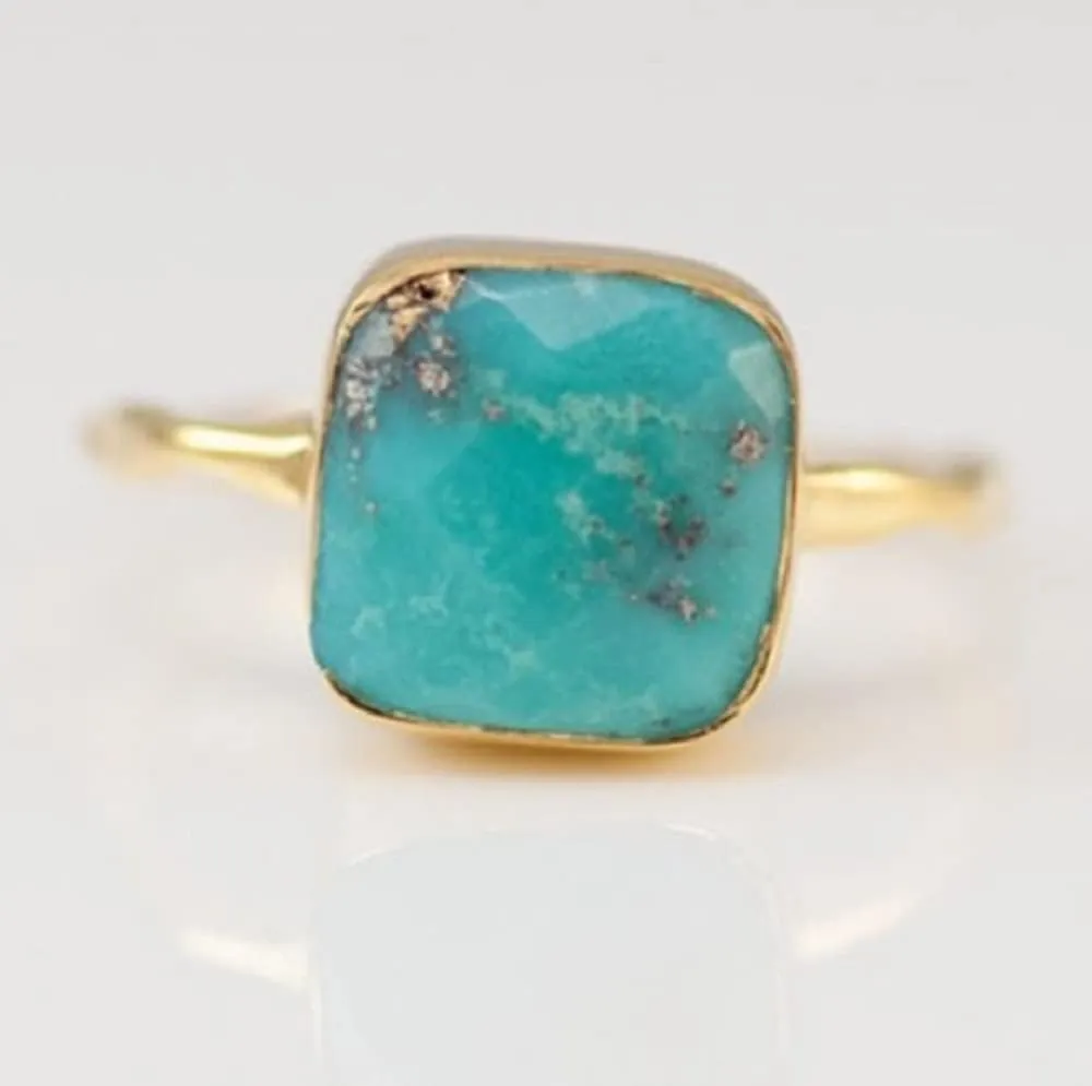 LRGKMCWTOB 925 Sterling Silver Bohemia Chic Square Turquoise Ring Fashion Rings Stackable Ring Natural Turquoise Jewelry Birthday (Size 9)