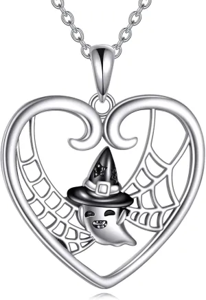 LUHE Ghost Necklace Sterling Silver Ghost Heart Pendant Necklace Halloween Necklace Cute Ghost Jewelry Halloween Birthday Christmas Gifts for Women