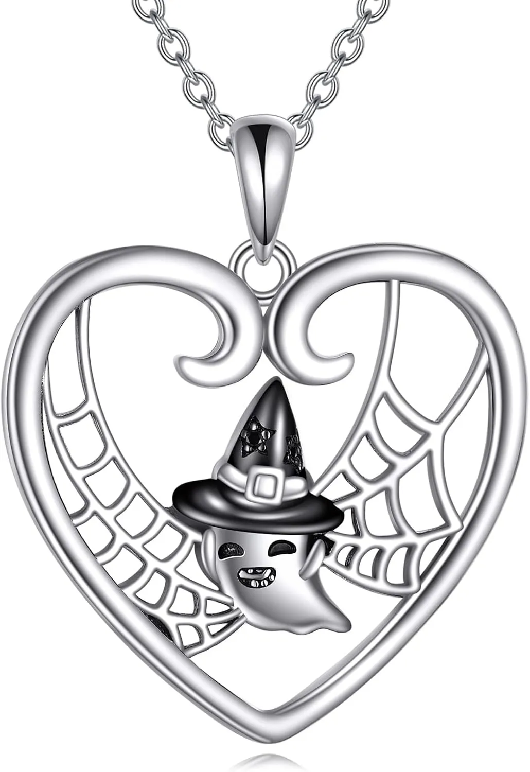 LUHE Ghost Necklace Sterling Silver Ghost Heart Pendant Necklace Halloween Necklace Cute Ghost Jewelry Halloween Birthday Christmas Gifts for Women