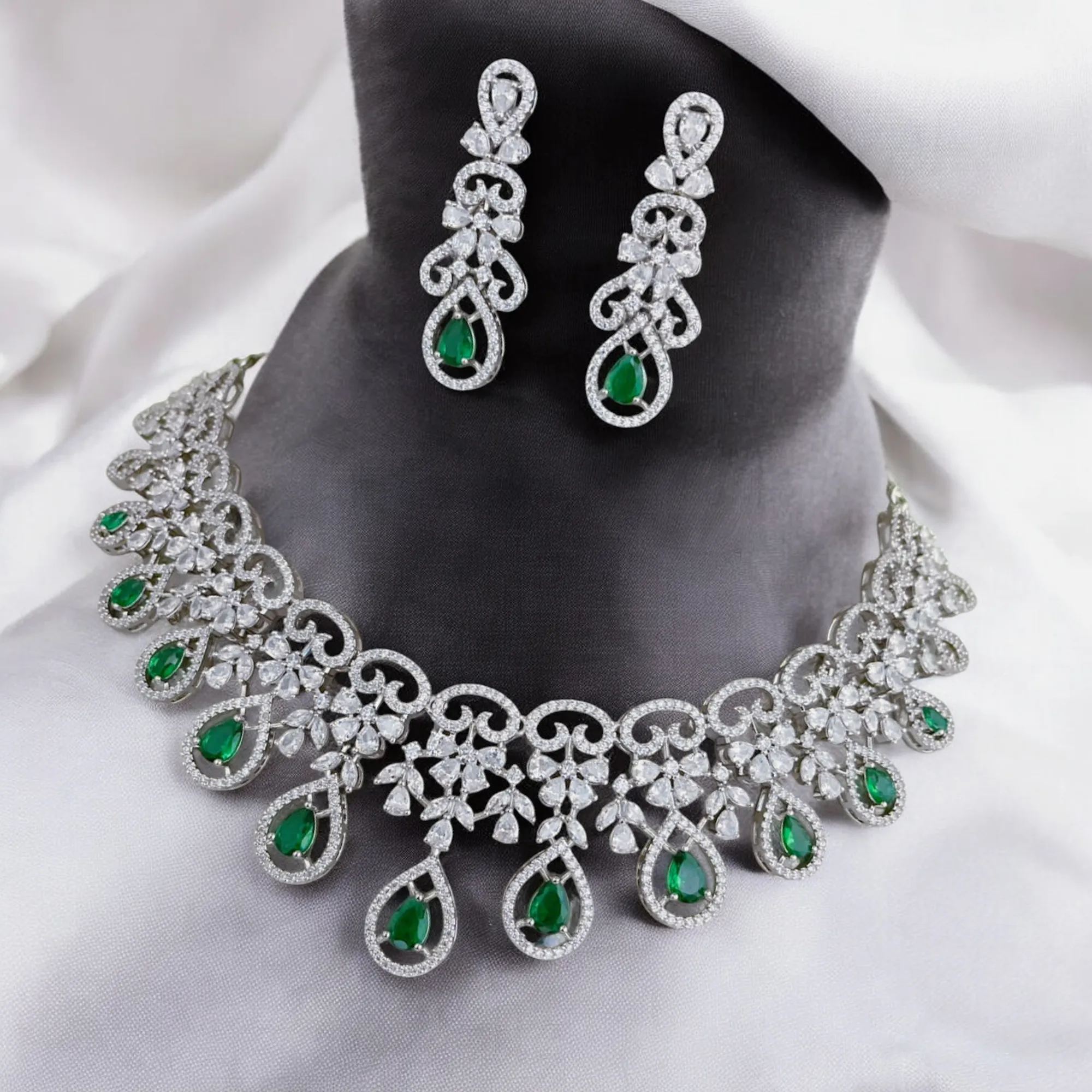 Luxurious Bridal AD Choker Earrings Indian Necklace Set, CZ Necklace Set, Blue Stones Set,  Indian CZ Jewelry Set for Weddings, Premium CZ Bridal Jewelry