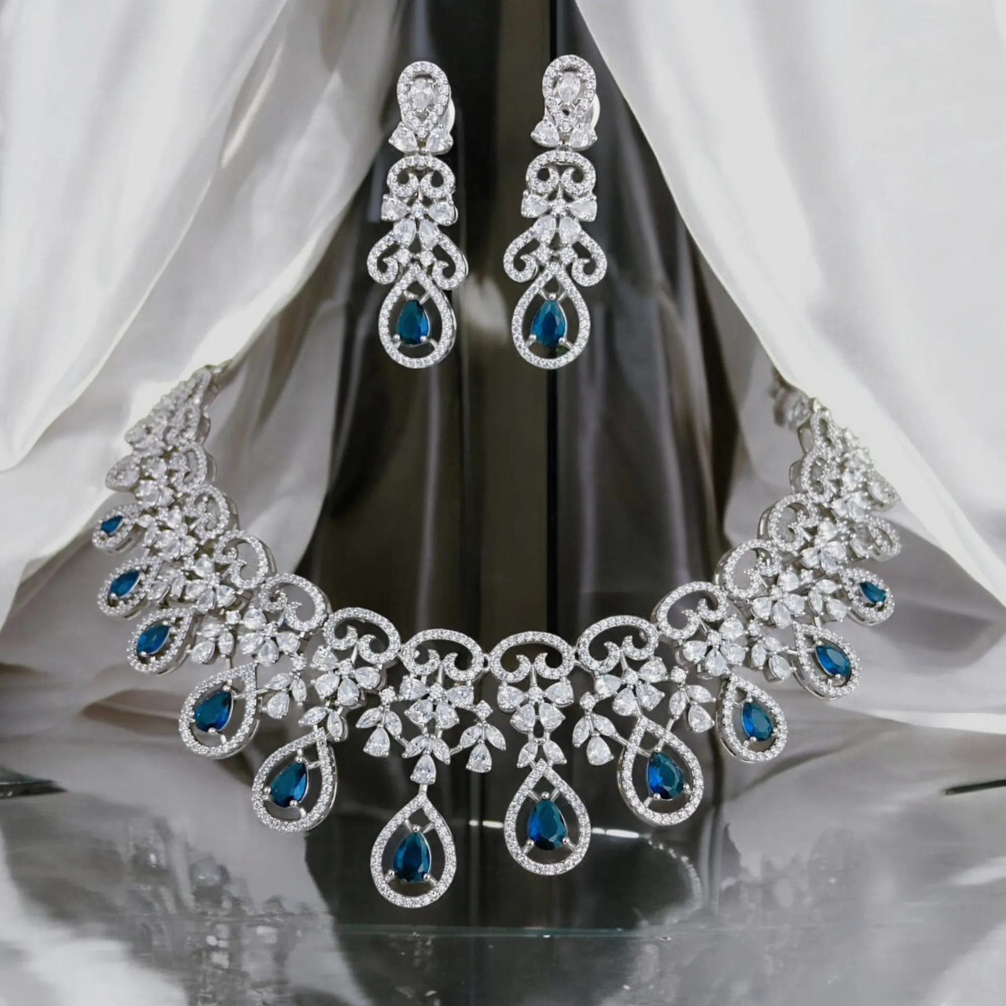 Luxurious Bridal AD Choker Earrings Indian Necklace Set, CZ Necklace Set, Blue Stones Set,  Indian CZ Jewelry Set for Weddings, Premium CZ Bridal Jewelry
