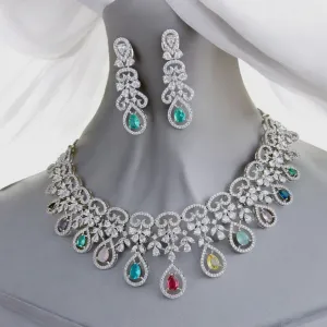 Luxurious Bridal AD Choker Earrings Indian Necklace Set, CZ Necklace Set, Blue Stones Set,  Indian CZ Jewelry Set for Weddings, Premium CZ Bridal Jewelry