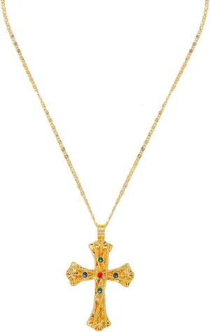 Luxurious Gold-Plated Cross Necklace with Multi-Colored Gemstones - Filigree Design with Adjustable Chain - Elegant Gifts for Religious Occasions