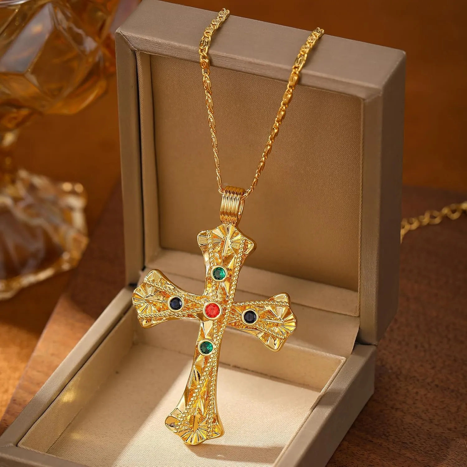 Luxurious Gold-Plated Cross Necklace with Multi-Colored Gemstones - Filigree Design with Adjustable Chain - Elegant Gifts for Religious Occasions