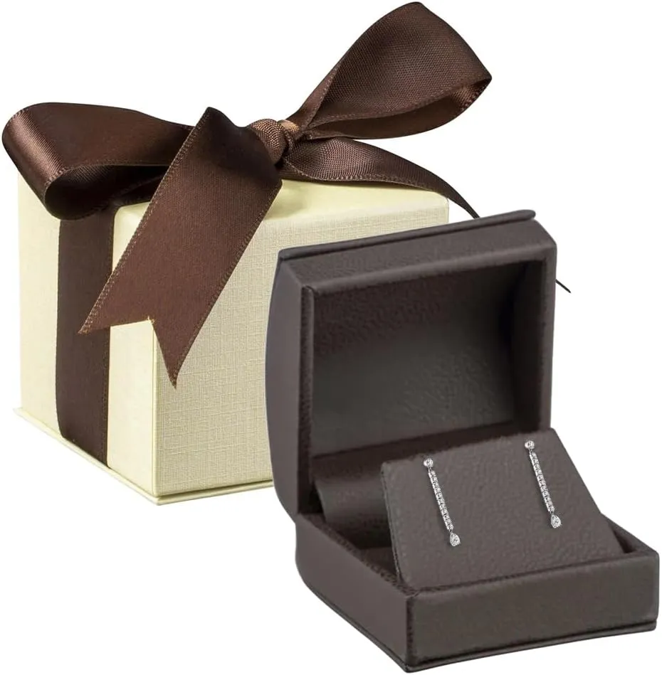 Luxury Dome-Shape Leather Earring Box for Women & Girls  Jewelry Gift Box Ideal for Studs, Small Hanging Earrings  Earring Case with Cream Ribbed Outer Box & Matching Bow Ribbon