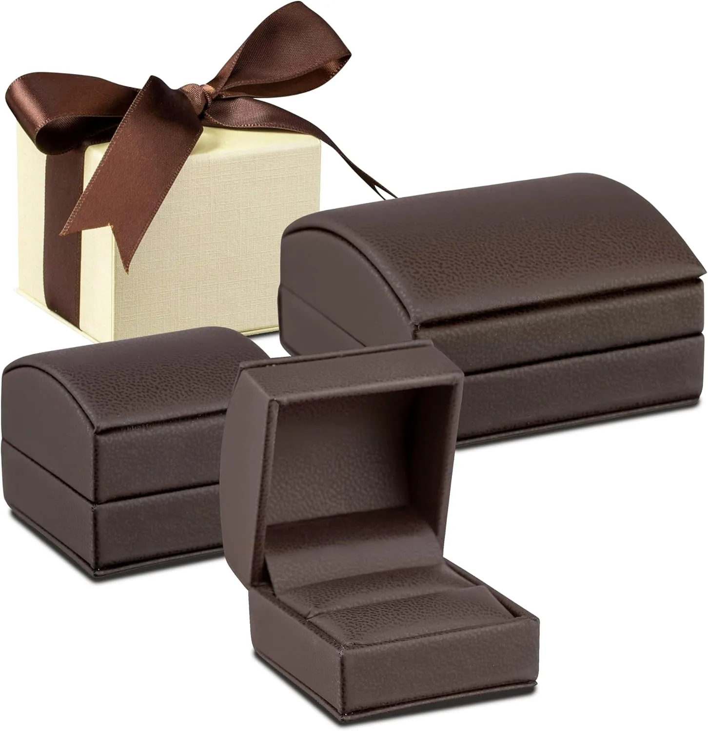 Luxury Dome-Shape Leather Earring Box for Women & Girls  Jewelry Gift Box Ideal for Studs, Small Hanging Earrings  Earring Case with Cream Ribbed Outer Box & Matching Bow Ribbon