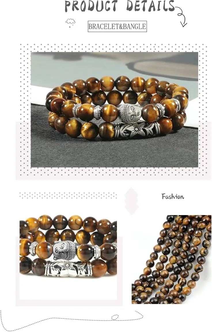 Mai & Claire 925 Sterling Silver Buddha Bracelets For Women And Men - 2pcs/set Multicolor Natural Stone Buddha Head Bracelet, Buddhist Prayer Beads Jewelry Gift